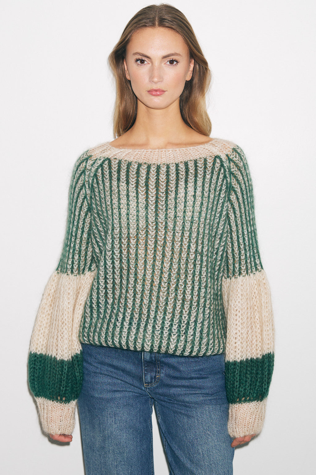 Liana Knit Sweater Beige/Bottle Green